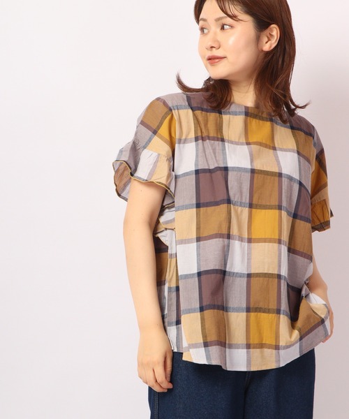 Quelle Chance(ケルシャンス)の「Quelle chance レトロチェック柄フリル袖ブラウス(シャツ/ブラウス・レディース・モカ/イエロー/ブルー・M/L)」の1枚目の写真