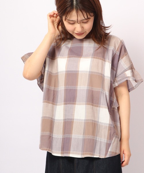 Quelle Chance(ケルシャンス)の「Quelle chance レトロチェック柄フリル袖ブラウス(シャツ/ブラウス・レディース・モカ/イエロー/ブルー・M/L)」の4枚目の写真