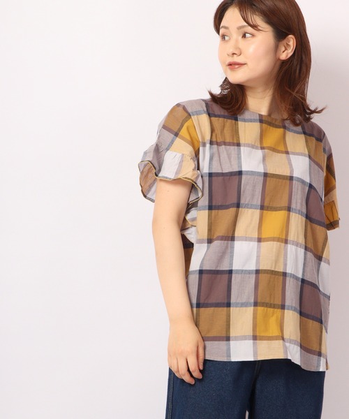 Quelle Chance(ケルシャンス)の「Quelle chance レトロチェック柄フリル袖ブラウス(シャツ/ブラウス・レディース・モカ/イエロー/ブルー・M/L)」の11枚目の写真
