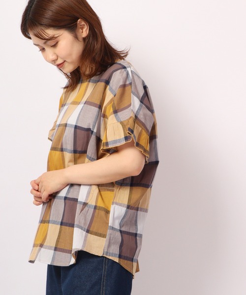 Quelle Chance(ケルシャンス)の「Quelle chance レトロチェック柄フリル袖ブラウス(シャツ/ブラウス・レディース・モカ/イエロー/ブルー・M/L)」の12枚目の写真