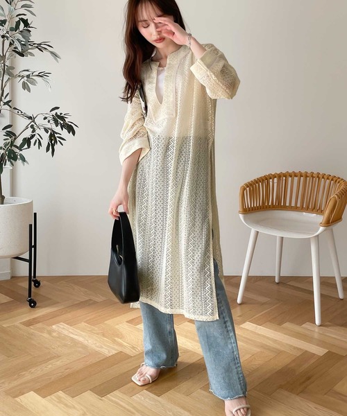 セール】大人のリラクシー。サイドスリット入り総レースカフタン