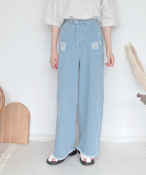 AS KNOW AS plus（アズノゥアズプラス）の「●デザインワイドパンツ（デニムパンツ・レディース・アイボリー/ブラック/ブルー/サックスブルー・FREE）」の5枚目の写真