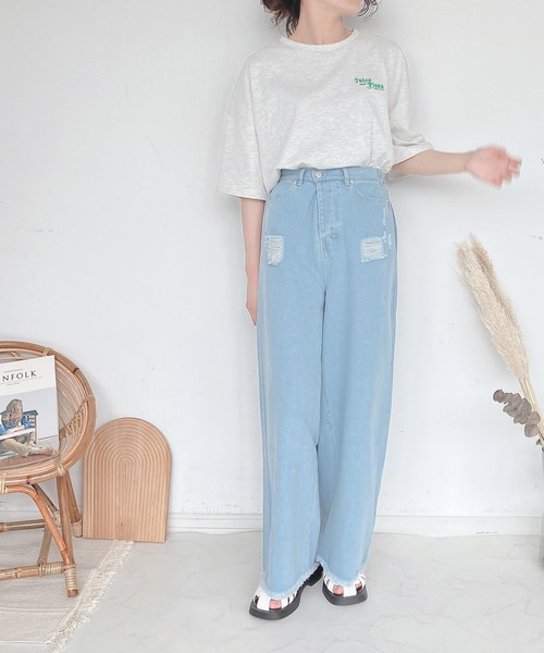 AS KNOW AS plus（アズノゥアズプラス）の「●デザインワイドパンツ（デニムパンツ・レディース・アイボリー/ブラック/ブルー/サックスブルー・FREE）」の8枚目の写真