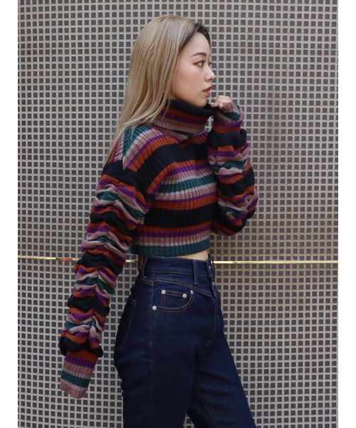 EVRIS(エヴリス)の「マルチボーダーギャザータートルニットトップス(ニット/セーター・レディース・ブラック/その他/その他2・FREE)」の7枚目の写真