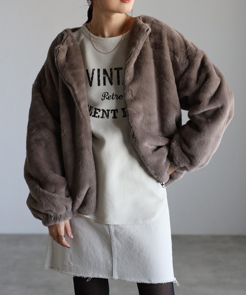 セール】フェイクファーノーカラージャケット（ノーカラージャケット