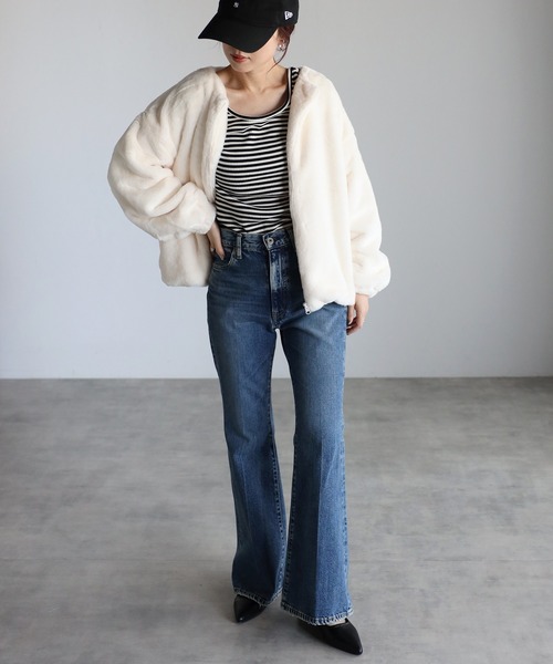 Fizz（フィズ）の「フェイクファーノーカラージャケット（ノーカラージャケット・レディース・グレイッシュベージュ/ピンクベージュ/ブラック/アイボリー/モカ/サックスブルー・M/L）」の10枚目の写真