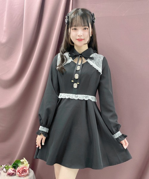 セール】デコルテ開きビジュ釦フレアワンピース（ワンピース