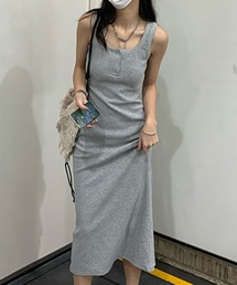 レディース ノースリーブバックスリットリブロングワンピース