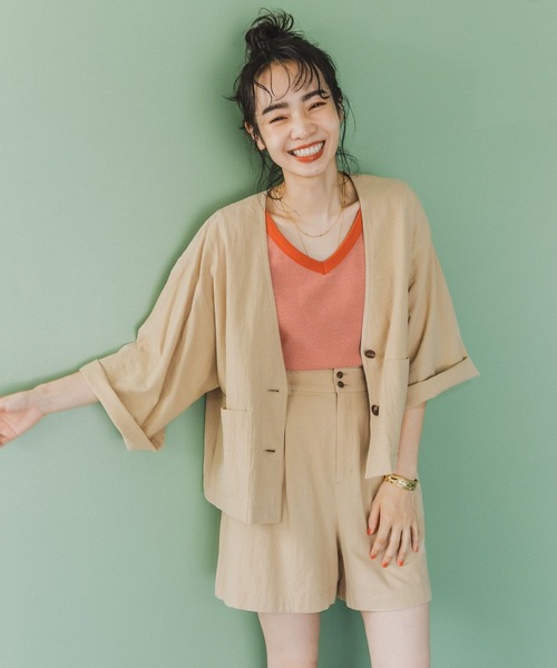 BAYFLOW（ベイフロー）の「ジャケットスタイルオーバーシャツ（ノーカラージャケット・レディース・ベージュ/オレンジ/ブラウン・FREE）」の3枚目の写真