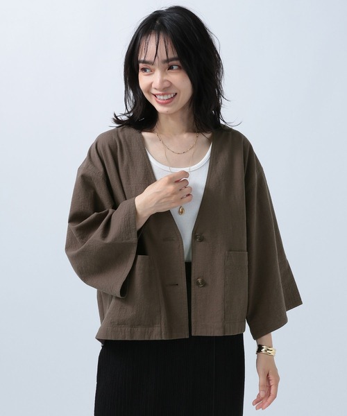 BAYFLOW（ベイフロー）の「ジャケットスタイルオーバーシャツ（ノーカラージャケット・レディース・ベージュ/オレンジ/ブラウン・FREE）」の2枚目の写真