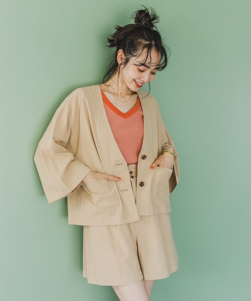 BAYFLOW（ベイフロー）の「ジャケットスタイルオーバーシャツ（ノーカラージャケット・レディース・ベージュ/オレンジ/ブラウン・FREE）」の6枚目の写真