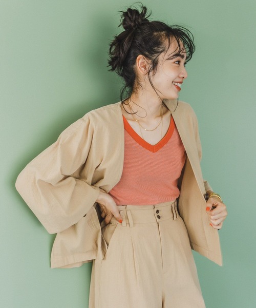 BAYFLOW（ベイフロー）の「ジャケットスタイルオーバーシャツ（ノーカラージャケット・レディース・ベージュ/オレンジ/ブラウン・FREE）」の7枚目の写真