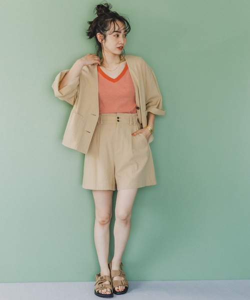 BAYFLOW（ベイフロー）の「ジャケットスタイルオーバーシャツ（ノーカラージャケット・レディース・ベージュ/オレンジ/ブラウン・FREE）」の5枚目の写真