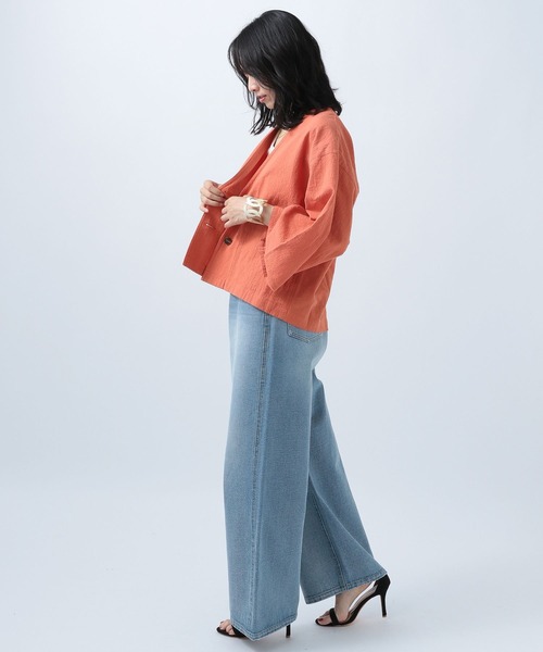 BAYFLOW（ベイフロー）の「ジャケットスタイルオーバーシャツ（ノーカラージャケット・レディース・ベージュ/オレンジ/ブラウン・FREE）」の9枚目の写真