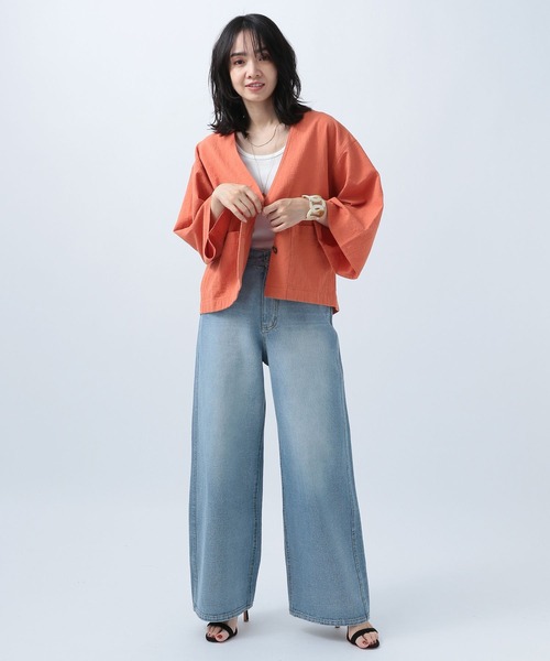 BAYFLOW（ベイフロー）の「ジャケットスタイルオーバーシャツ（ノーカラージャケット・レディース・ベージュ/オレンジ/ブラウン・FREE）」の8枚目の写真