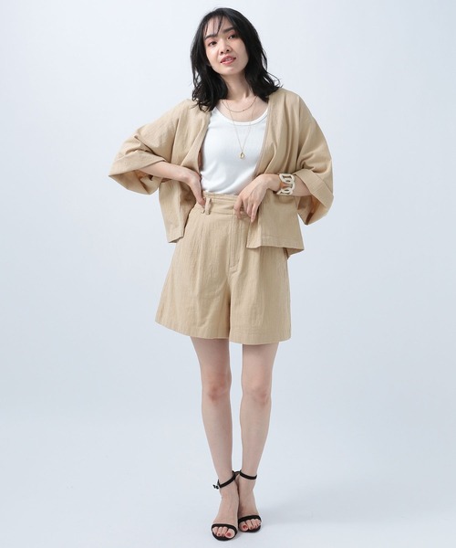 BAYFLOW（ベイフロー）の「ジャケットスタイルオーバーシャツ（ノーカラージャケット・レディース・ベージュ/オレンジ/ブラウン・FREE）」の12枚目の写真