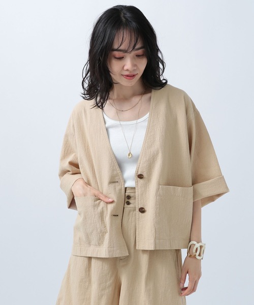 BAYFLOW（ベイフロー）の「ジャケットスタイルオーバーシャツ（ノーカラージャケット・レディース・ベージュ/オレンジ/ブラウン・FREE）」の14枚目の写真