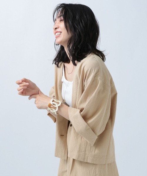 BAYFLOW（ベイフロー）の「ジャケットスタイルオーバーシャツ（ノーカラージャケット・レディース・ベージュ/オレンジ/ブラウン・FREE）」の15枚目の写真