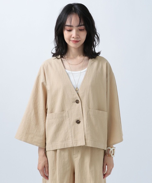 BAYFLOW（ベイフロー）の「ジャケットスタイルオーバーシャツ（ノーカラージャケット・レディース・ベージュ/オレンジ/ブラウン・FREE）」の16枚目の写真