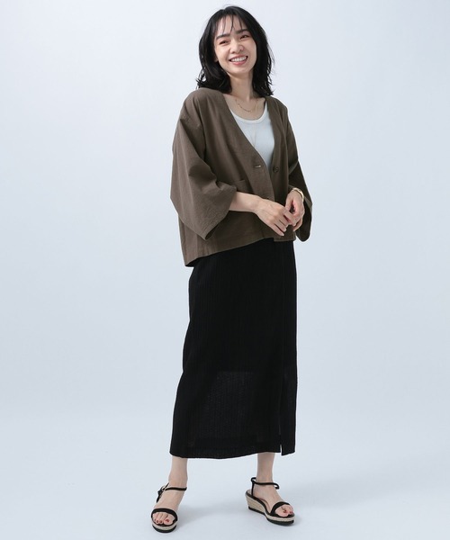 BAYFLOW（ベイフロー）の「ジャケットスタイルオーバーシャツ（ノーカラージャケット・レディース・ベージュ/オレンジ/ブラウン・FREE）」の10枚目の写真