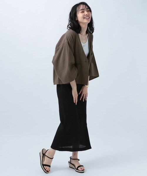 BAYFLOW（ベイフロー）の「ジャケットスタイルオーバーシャツ（ノーカラージャケット・レディース・ベージュ/オレンジ/ブラウン・FREE）」の11枚目の写真