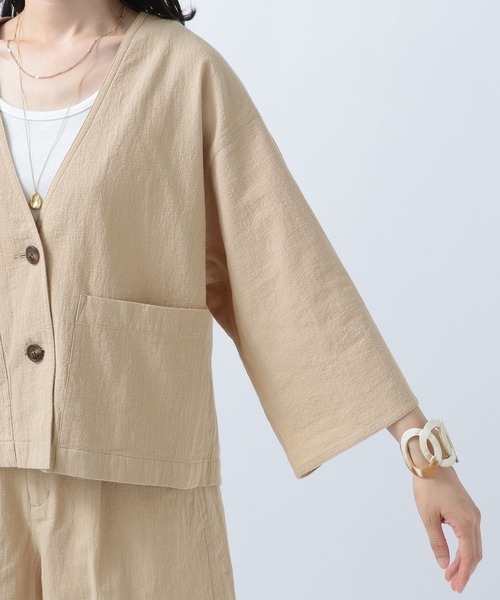 BAYFLOW（ベイフロー）の「ジャケットスタイルオーバーシャツ（ノーカラージャケット・レディース・ベージュ/オレンジ/ブラウン・FREE）」の21枚目の写真