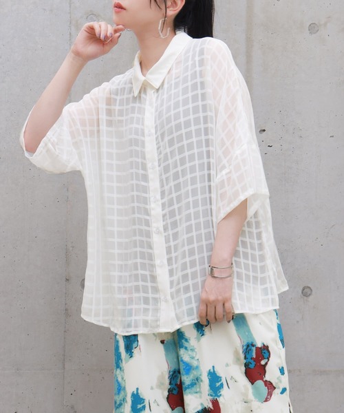 n'OrLABEL（ノアールレーベル）の「【廃盤】『チェック柄シアーシャツ』（シャツ/ブラウス・レディース・オフホワイト/ブラック・FREE）」の4枚目の写真