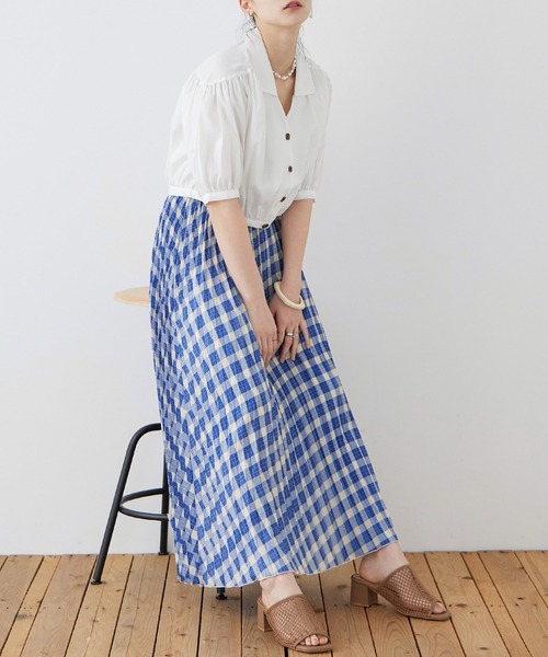 Fashion Letter(ファッションレター)の「ポプリン チェックプリント プリーツスカート(スカート・レディース・ブルー/グリーン/ブラック・M)」の1枚目の写真