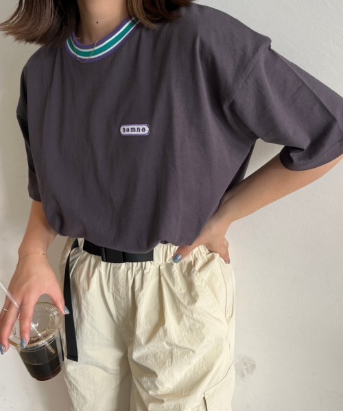 nemne store(ネンネストア)の「【 低身長サイズあり】リブライン1ポイントTシャツ(Tシャツ/カットソー・レディース・スミクロ/オートミール/アイボリー・SMALL/MEDIUM)」の7枚目の写真