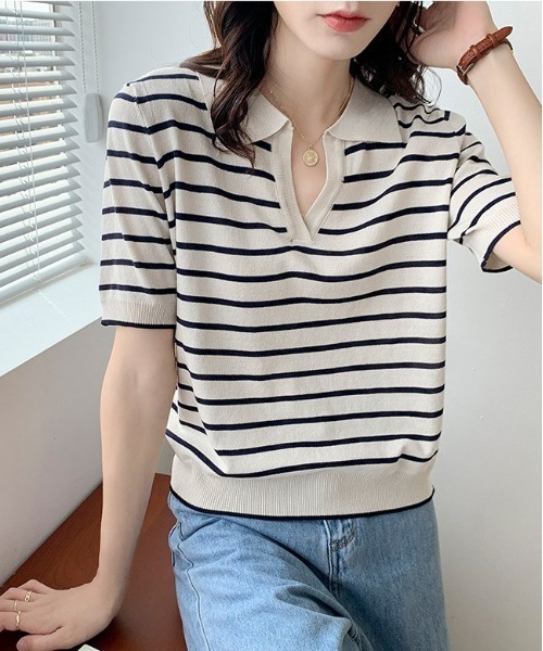gossip!ロサンゼルス(ゴシップロサンゼルス)の「スキッパーボーダーニット(Tシャツ/カットソー・レディース・アイボリー/ブラック・FREE)」の5枚目の写真
