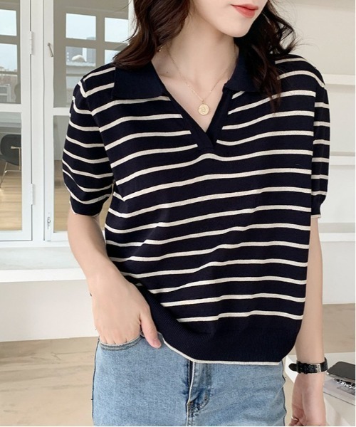 gossip!ロサンゼルス(ゴシップロサンゼルス)の「スキッパーボーダーニット(Tシャツ/カットソー・レディース・アイボリー/ブラック・FREE)」の9枚目の写真