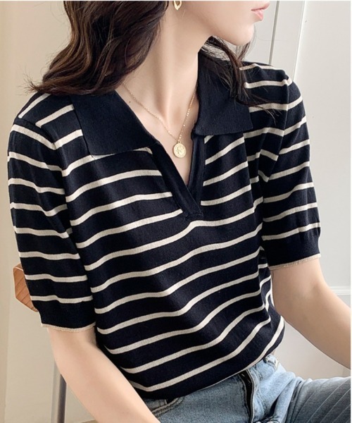 gossip!ロサンゼルス(ゴシップロサンゼルス)の「スキッパーボーダーニット(Tシャツ/カットソー・レディース・アイボリー/ブラック・FREE)」の10枚目の写真