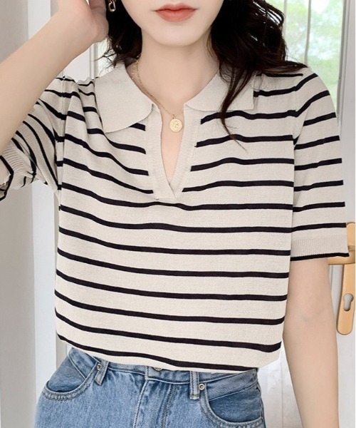 gossip!ロサンゼルス(ゴシップロサンゼルス)の「スキッパーボーダーニット(Tシャツ/カットソー・レディース・アイボリー/ブラック・FREE)」の6枚目の写真