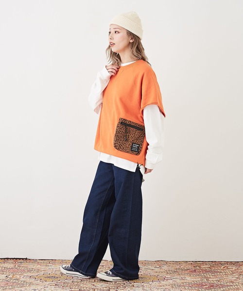 CUBE SUGAR（キューブシュガー）の「GENTIL(ジャンティ)ミニ裏毛スウェットポケットベスト（ベスト・レディース・カーキ/スミクロ/グレイッシュベージュ/オレンジ・M）」の12枚目の写真