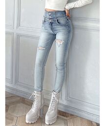 GYDA | ハイウエスト バッククロス ダメージ スキニーデニムパンツ(デニムパンツ)