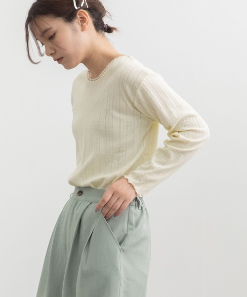 POU DOU DOU(プードゥドゥ)の「パターンメッシュトップス(Tシャツ/カットソー・レディース・ライトブルー/アイボリー/グレー・3)」の9枚目の写真