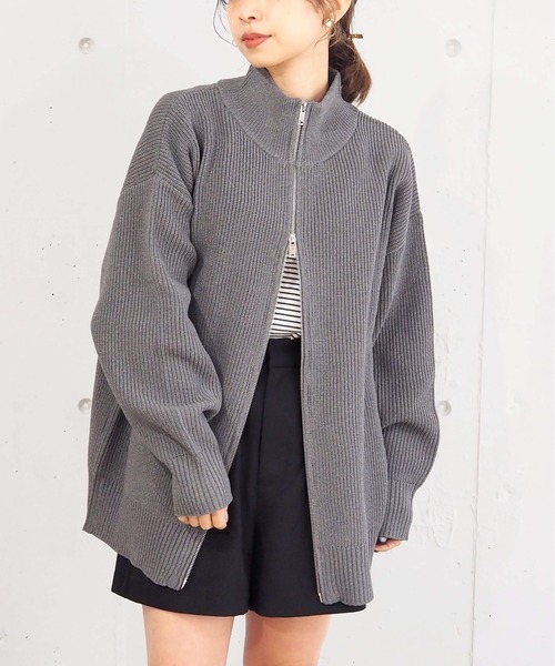 セール】[丈が選べる]畦編みダブルジップブルゾン（カーディガン