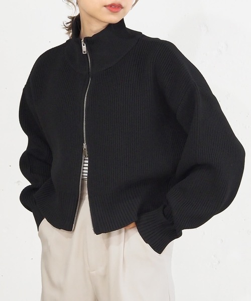 セール】[丈が選べる]畦編みダブルジップブルゾン（カーディガン