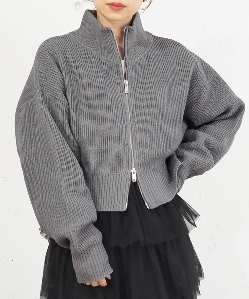 tiptop（ティップトップ）の「[丈が選べる]畦編みダブルジップブルゾン（カーディガン/ボレロ・レディース・ホワイト系その他/アイボリー/ブラック/グレー系その他/ブラック系その他/チャコールグレー・SHORT/FREE）」の8枚目の写真
