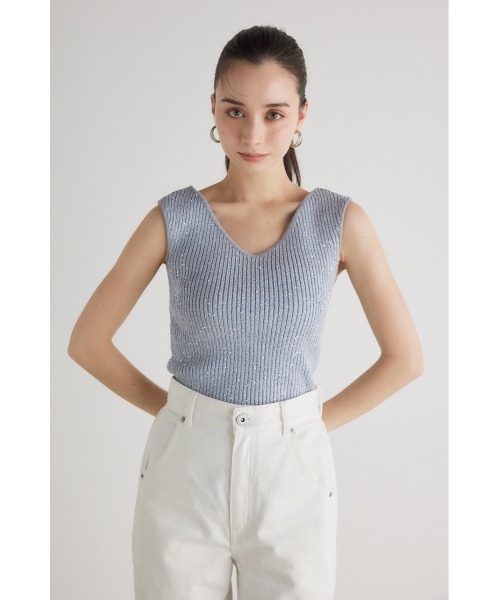 rienda（リエンダ）の「スパンコールVネックニットトップス 夏服（ニット/セーター・レディース・ホワイト/ブラック/ブルー/オレンジ系その他・FREE）」の4枚目の写真