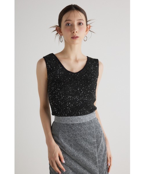 rienda（リエンダ）の「スパンコールVネックニットトップス 夏服（ニット/セーター・レディース・ホワイト/ブラック/ブルー/オレンジ系その他・FREE）」の5枚目の写真