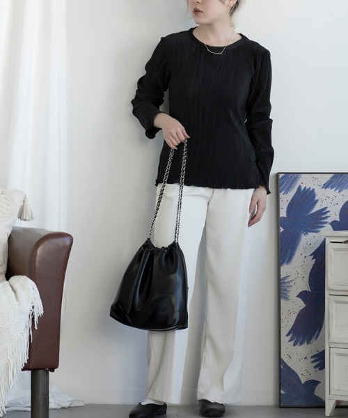 aimoha（アイモハ）の「ハイウエスト　タックワイド（スラックス・レディース・オフホワイト/ブラック/チョコ・SMALL/MEDIUM/LARGE）」の16枚目の写真