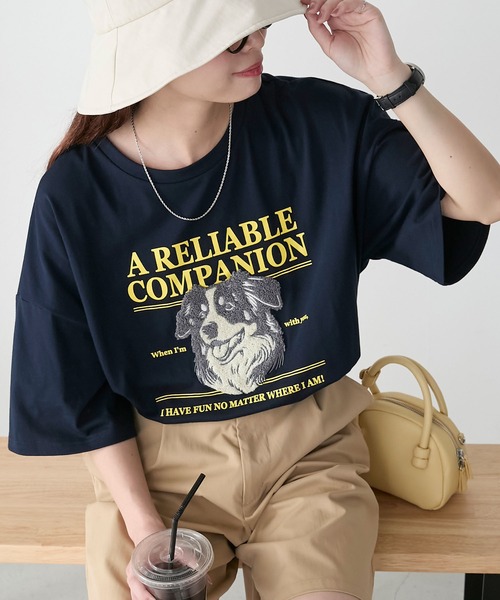 BONLECILL(ボンルシール)の「DOGサガラ刺繍TEE(Tシャツ/カットソー・レディース・ブラック/ネイビー/オフホワイト/オートミール・FREE)」の1枚目の写真