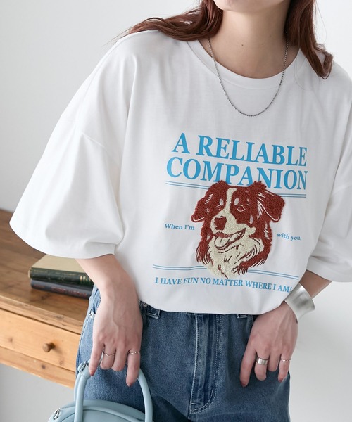 BONLECILL(ボンルシール)の「DOGサガラ刺繍TEE(Tシャツ/カットソー・レディース・ブラック/ネイビー/オフホワイト/オートミール・FREE)」の2枚目の写真