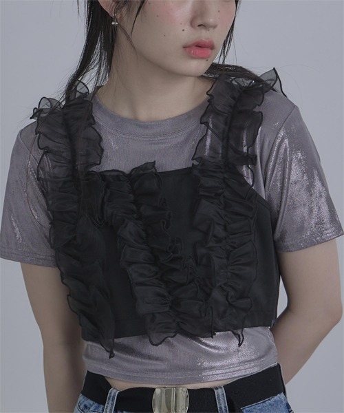 miette（ミエット）の「シアーフリルビスチェ（キャミソール・レディース・ブラック/ベージュ・FREE）」の2枚目の写真