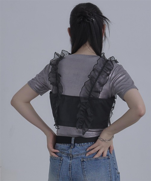 miette（ミエット）の「シアーフリルビスチェ（キャミソール・レディース・ブラック/ベージュ・FREE）」の5枚目の写真