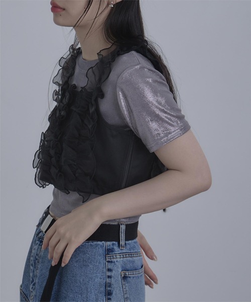 miette（ミエット）の「シアーフリルビスチェ（キャミソール・レディース・ブラック/ベージュ・FREE）」の6枚目の写真