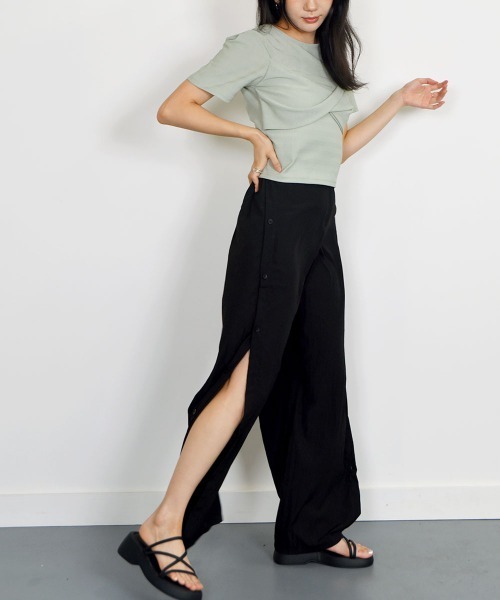 セール】サイドスリットボタン付きワイドパンツ レディース