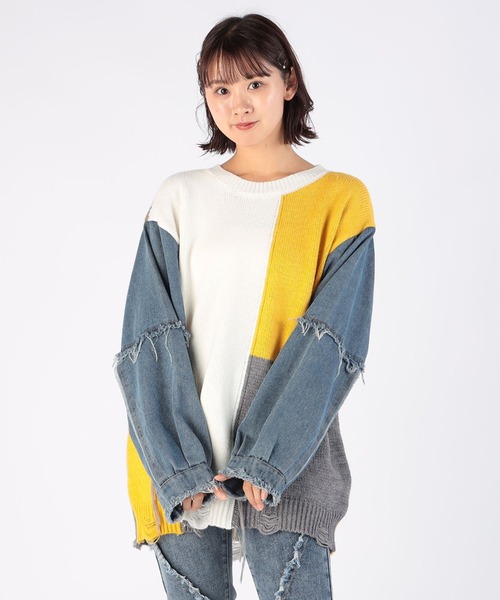 CECIL McBEE（セシルマクビー）の「デニムスリーブ配色ニットプル 