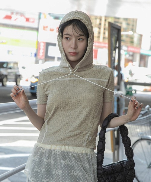 PLACE STUDIO(プレイススタジオ)の「PLACE STUDIO/ストリングスリムフーディーT(Tシャツ/カットソー・レディース・グレー/ブラック/イエロー・FREE)」の7枚目の写真